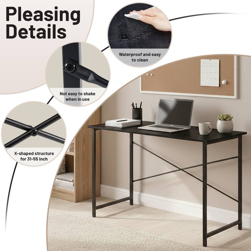 Computer Desk, 40-63 Inch Home Office Desk, Gaming Writing Work from Home Study Desk, Large Legroom, Sturdy Metal Frame