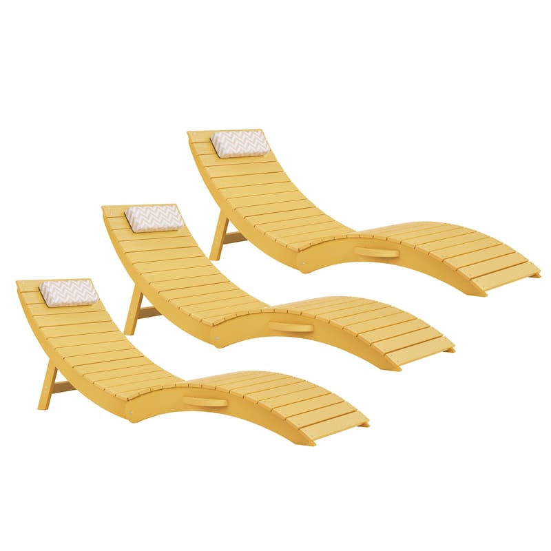 3-Piece Folding HDPS Plastic Outdoor Pool Chaise Lounges with Headrest Cushion