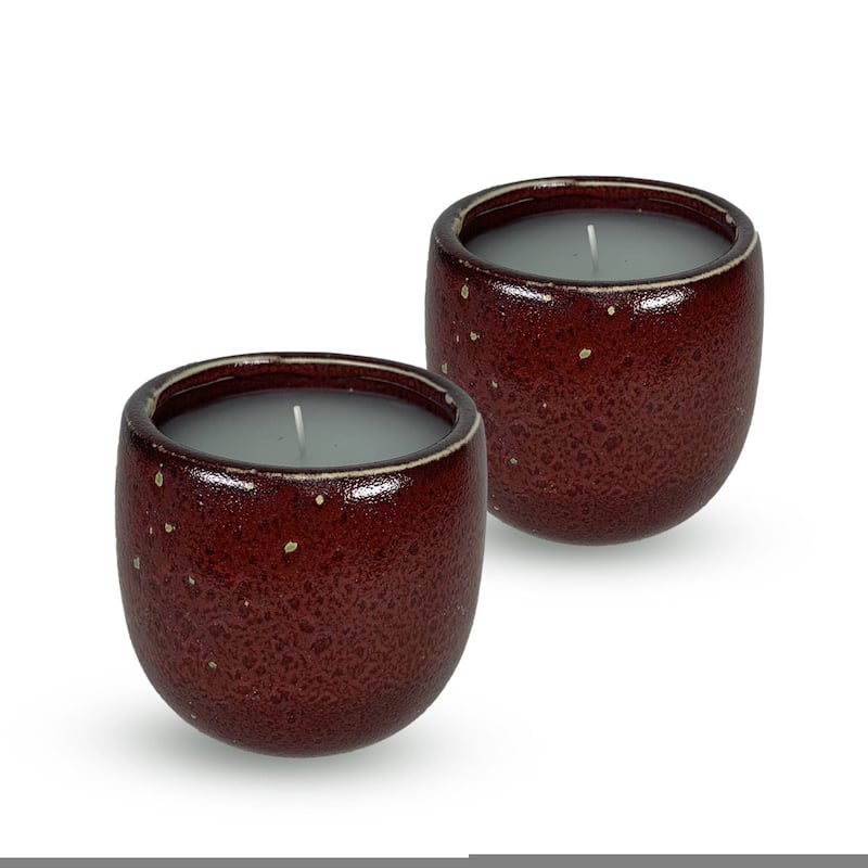 Red Glazed Ceramic Candle Jar Set of Two 6 oz Elegant Aria Design - Red