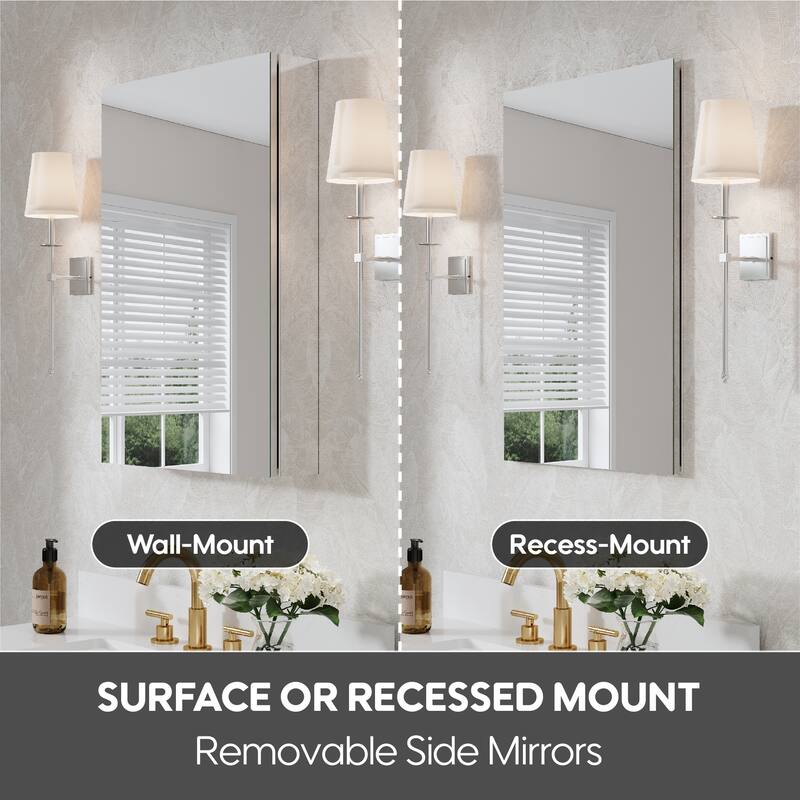 Recessed or Surface Wall Mount Bathroom Medicine Cabinet With Adjustable Glass Shelves