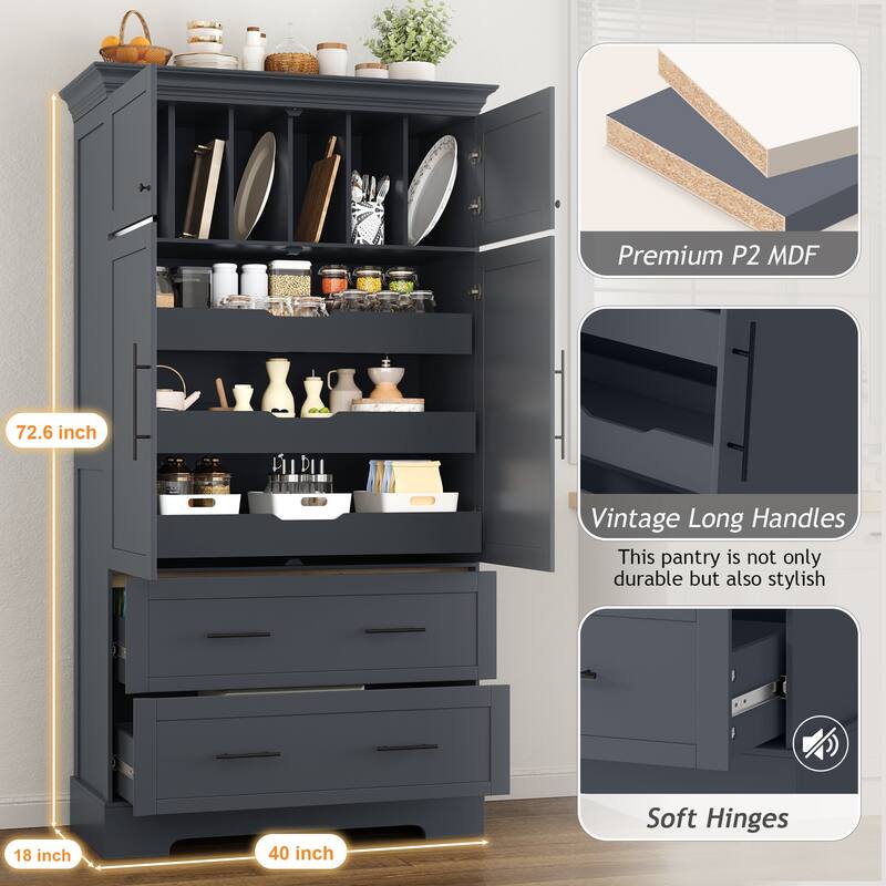 Roomfitters 73 Inch Large Kitchen Pantry with 4 Doors, Pull-Out Trays and Cake Pan Organizer