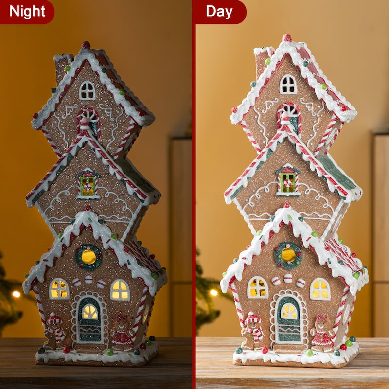 Glitzhome Lighted Christmas Gingerbread House Resin Village Xmas Table Decor Collectible Figurines