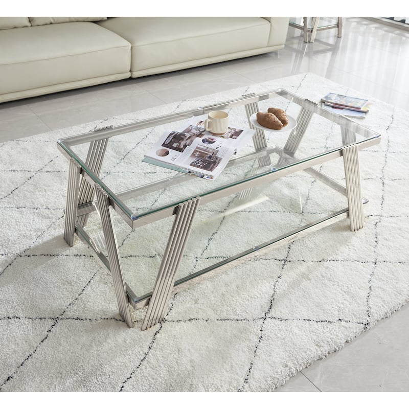 Modern Stainless Steel Coffee Table 2 Tier Tempered Glass Coffee Table with Storage Space, for Living Room, Silver - Silver