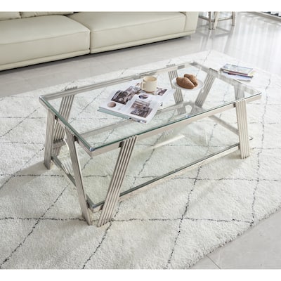 Modern Stainless Steel Coffee Table 2 Tier Tempered Glass Coffee Table with Storage Space, for Living Room, Silver
