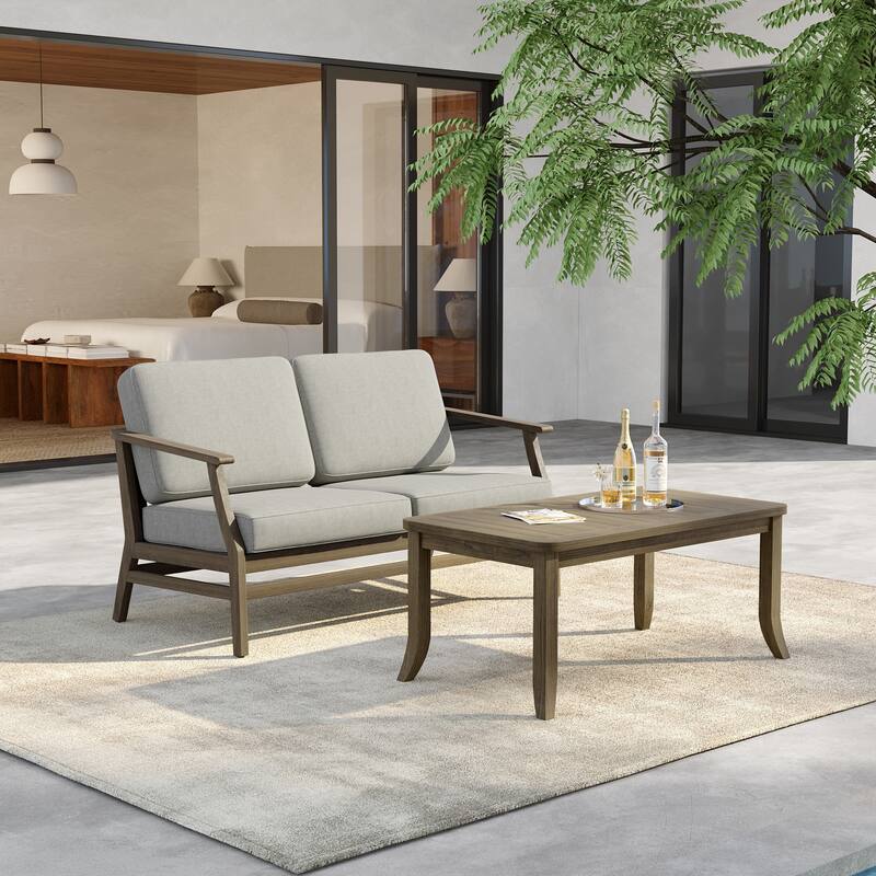 Outdoor Loveseat Sofa with Coffee Table Teak Wood Patio Furniture