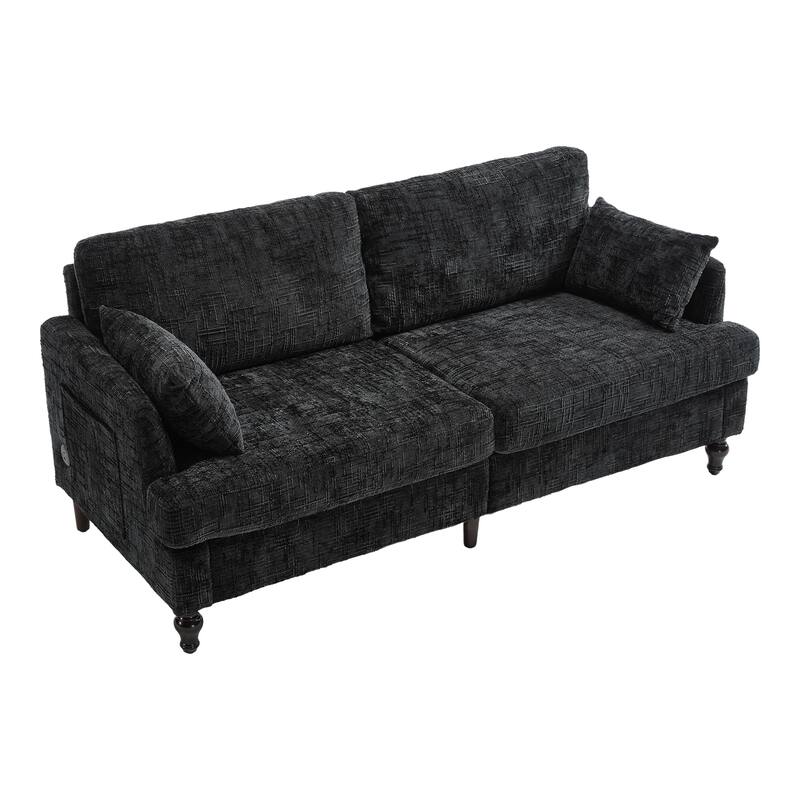 Modern Style Chenille 2-Seater Wood-Legged Sofa With Led Light,USB Charging Port And Storage Bag Living Room Bedroom Study Room