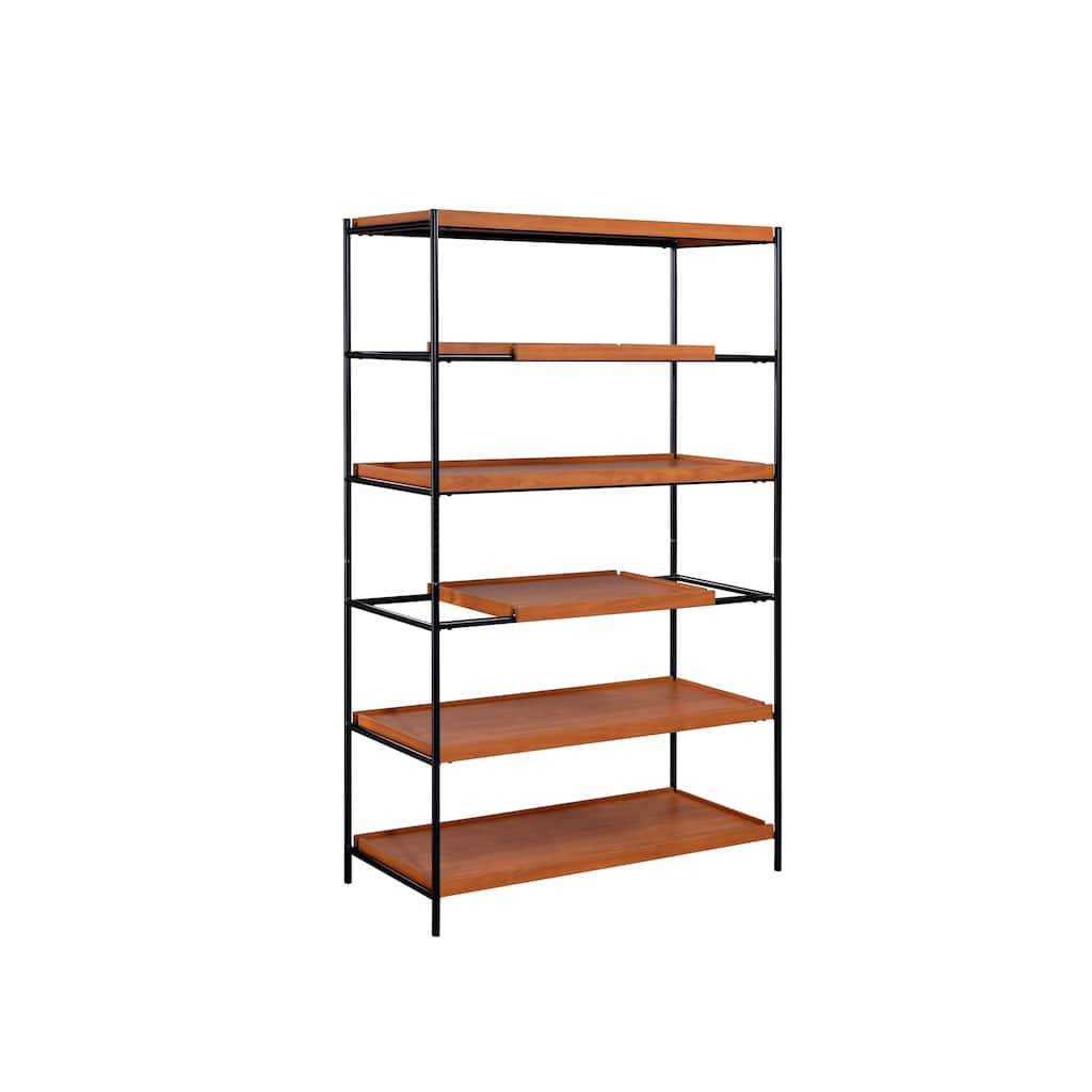 5 Tier Wooden Bookshelf with Open Metal Frame, Oak Brown and Black