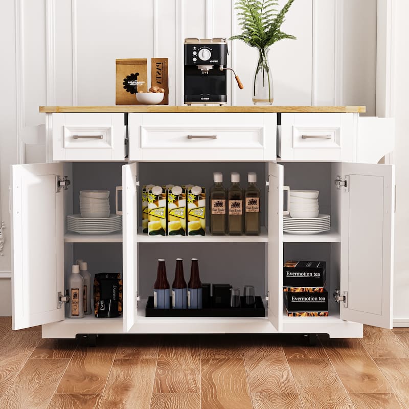 Large Kitchen Island with Wood Drop Leaf, Embossed Texture Rolling Kitchen Cart wDoors and Drawers wStorage for Kitchen, White