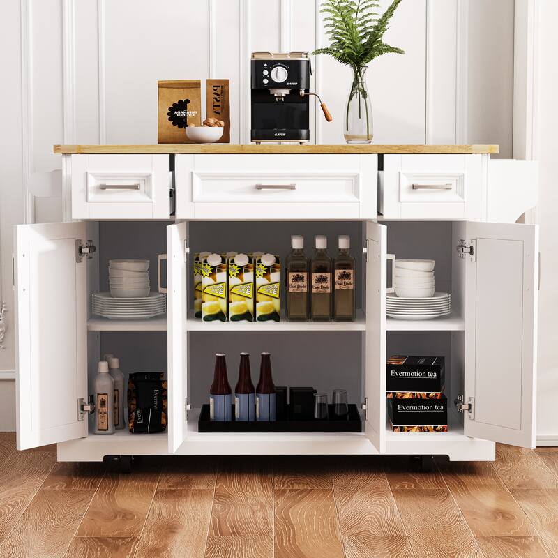 Modern Large Kitchen Island with Folding Board 3 Drawers, 4 Doors, Spice Rack and Towel Rack, for Kitchen