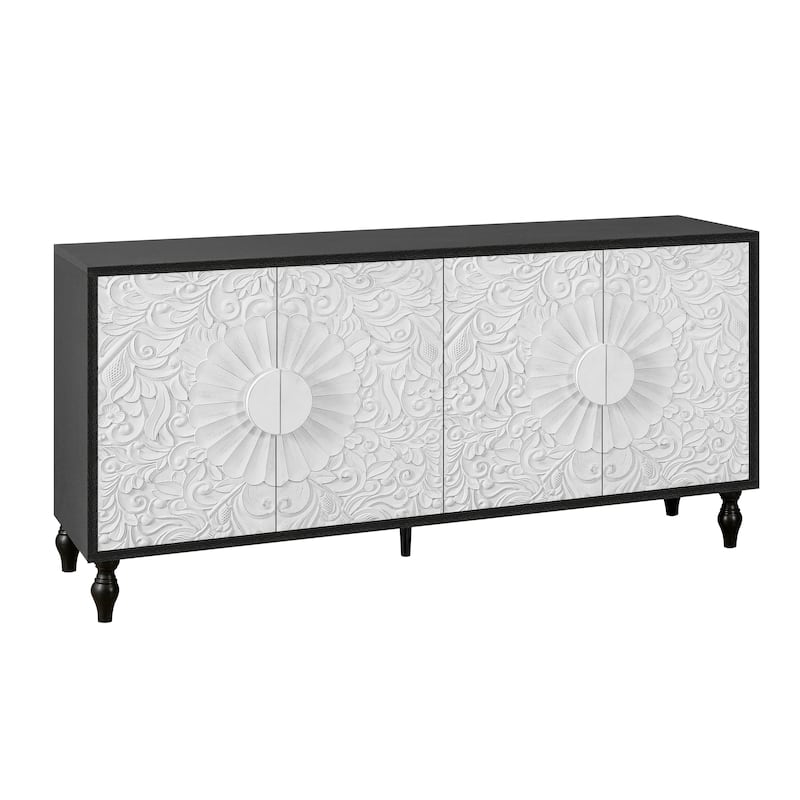 Black White 62.99" Accent TV Stand Cabinet with Carved Pattern Door, Storage Shelf, and Solid Wood Leg for Living Room