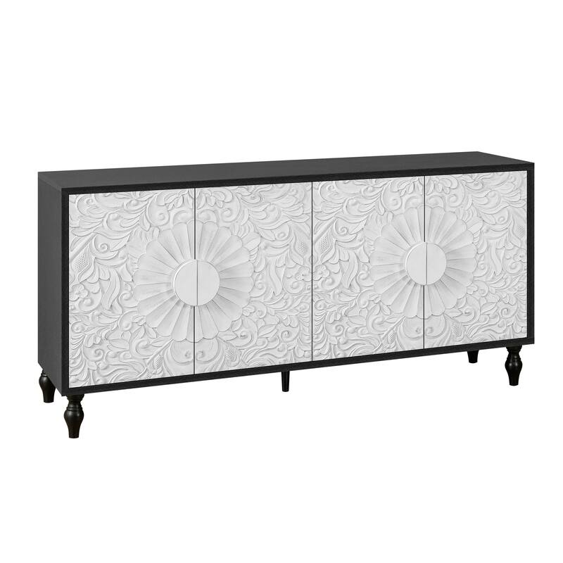 Carved Doors Storage Cabinet Buffet Sideboard Console Table, Black White