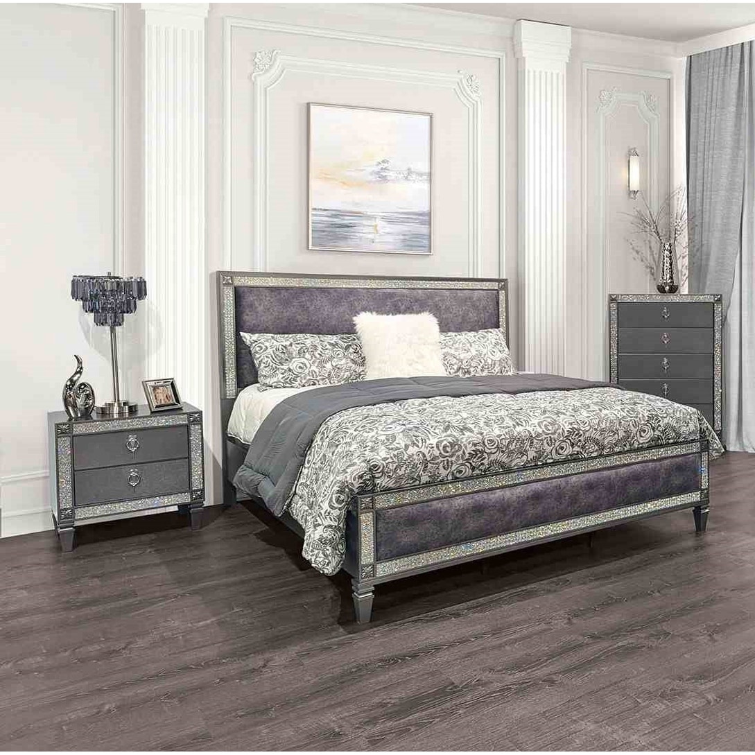 Luxurious 3pc Bedroom Set Gray Finish Acrylic Trim