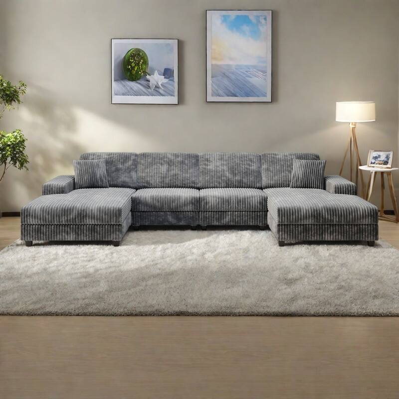 139.76" Corduroy U-Shape Sectional Sofa with Storage Armrests and Pocket Spring Cushions - Dark Gray