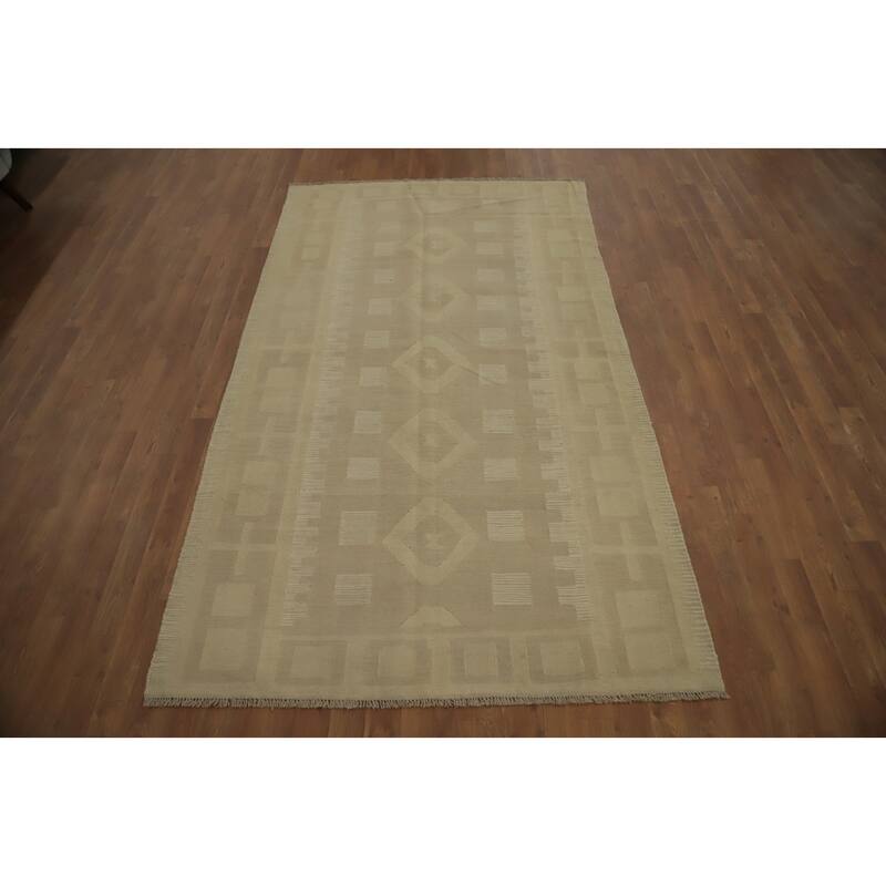 Hand Woven Oriental 100% Wool Carpet Southwestern Tribal Beige & Ivories Kilim Area Rug - 8' 0'' X 4' 8''
