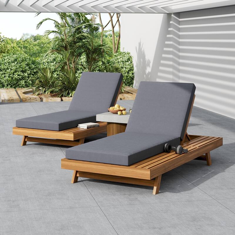 One-sided Open Storage Lounge Chairs Outdoor Patio Acacia Wood Chaise Lounge with Adjustable Backrest & Water-repellent Cushions - 4" Dark Grey Cushions - 2pc