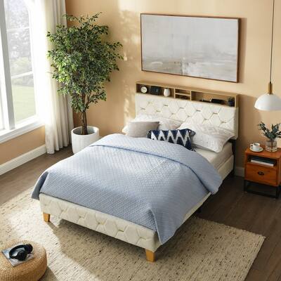 Full Size Bed Frame,Shelf Upholstered Headboard,with Outlet & USB Ports