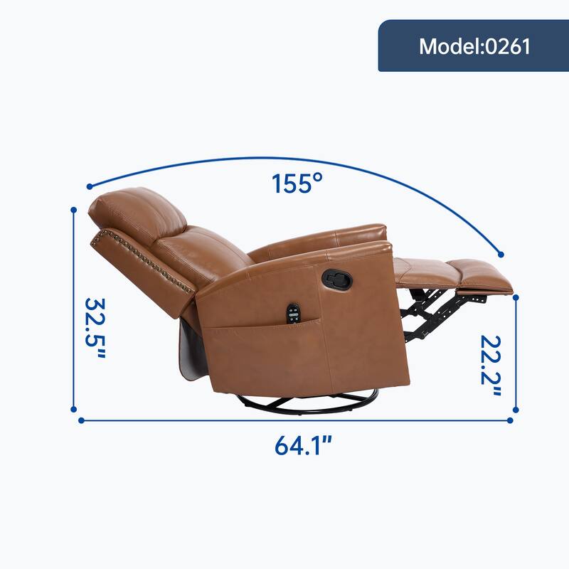 Genuine Leather Manual Recliner Chair with Heat Massage, Ergonomic Single Lounge Sofa, Swivel Recliner Chair with Rocker