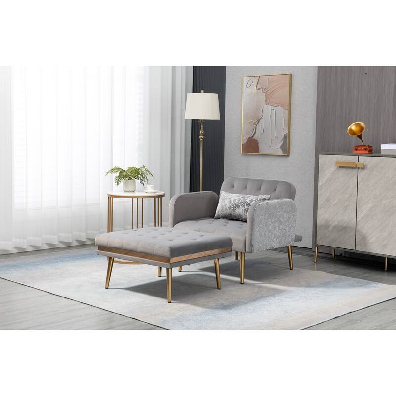 Velvet Upholstered Tufted Living Room Sleeper Chair With Ottoman