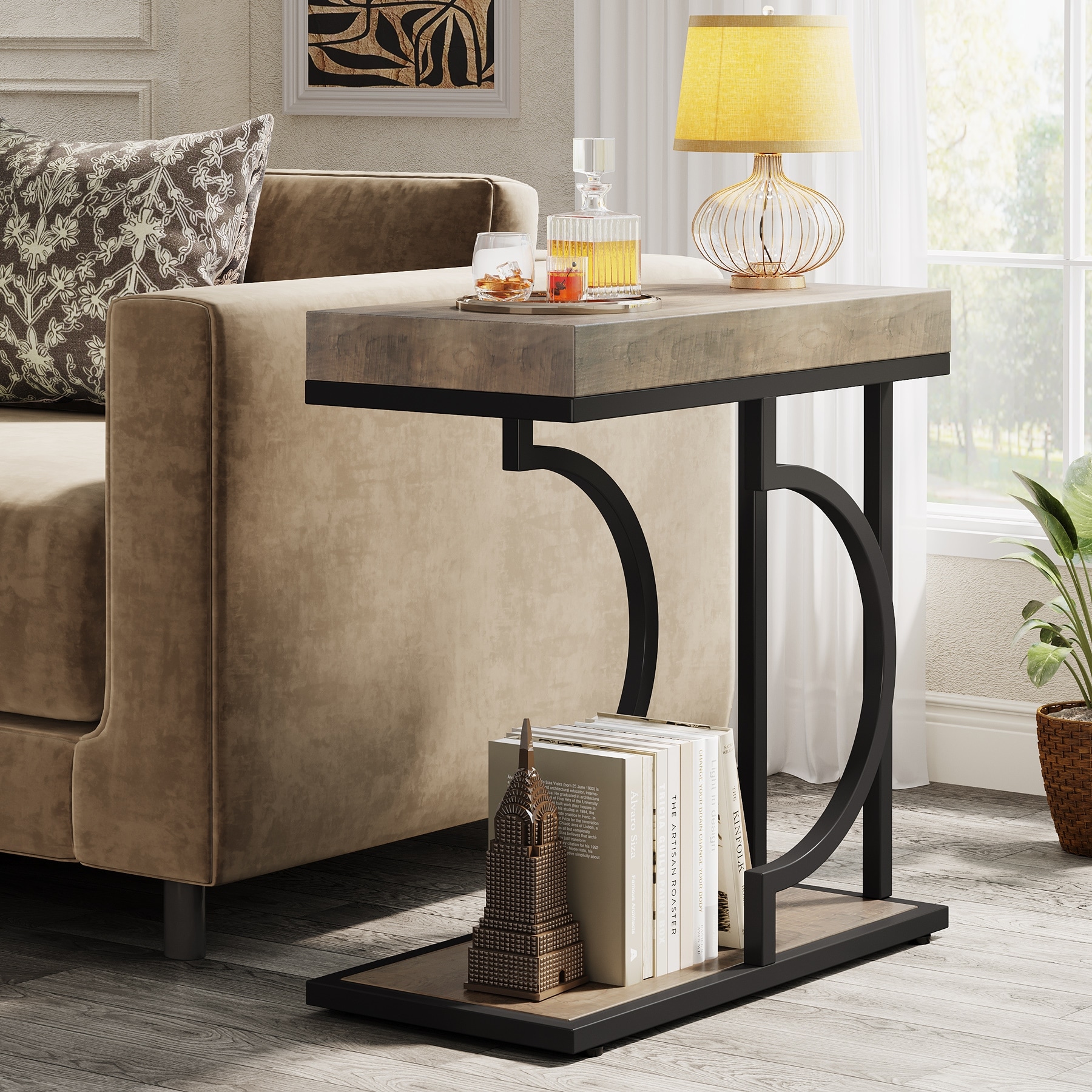 Narrow Side Table C Shaped End Table for Living Room