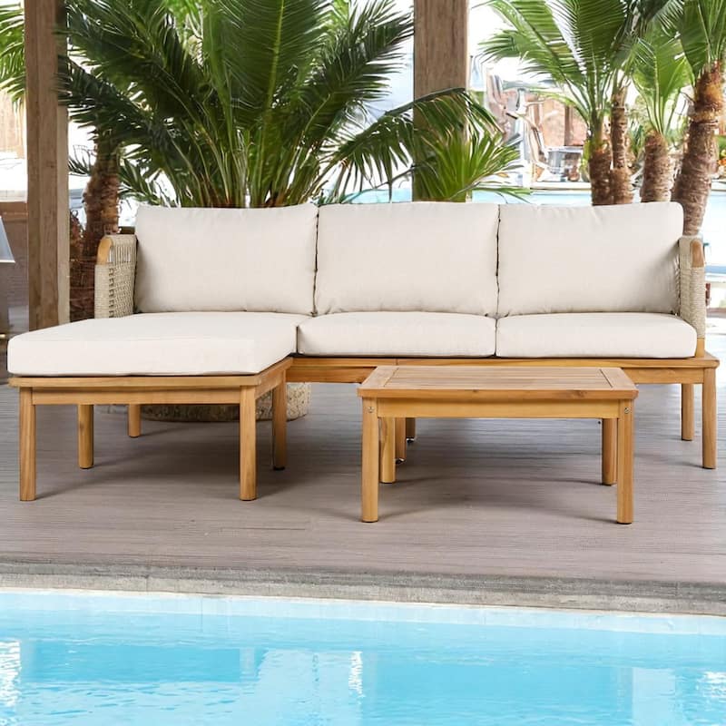3-Piece Acacia Wood Outdoor Patio Furniture Set, Water-Repellent Cushions, Sofa, Ottoman & Table for Garden, Balcony, or Porch