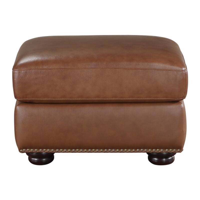 Boro 28 Inch Ottoman, Rich Brown Top Grain and Faux Leather, Solid Wood