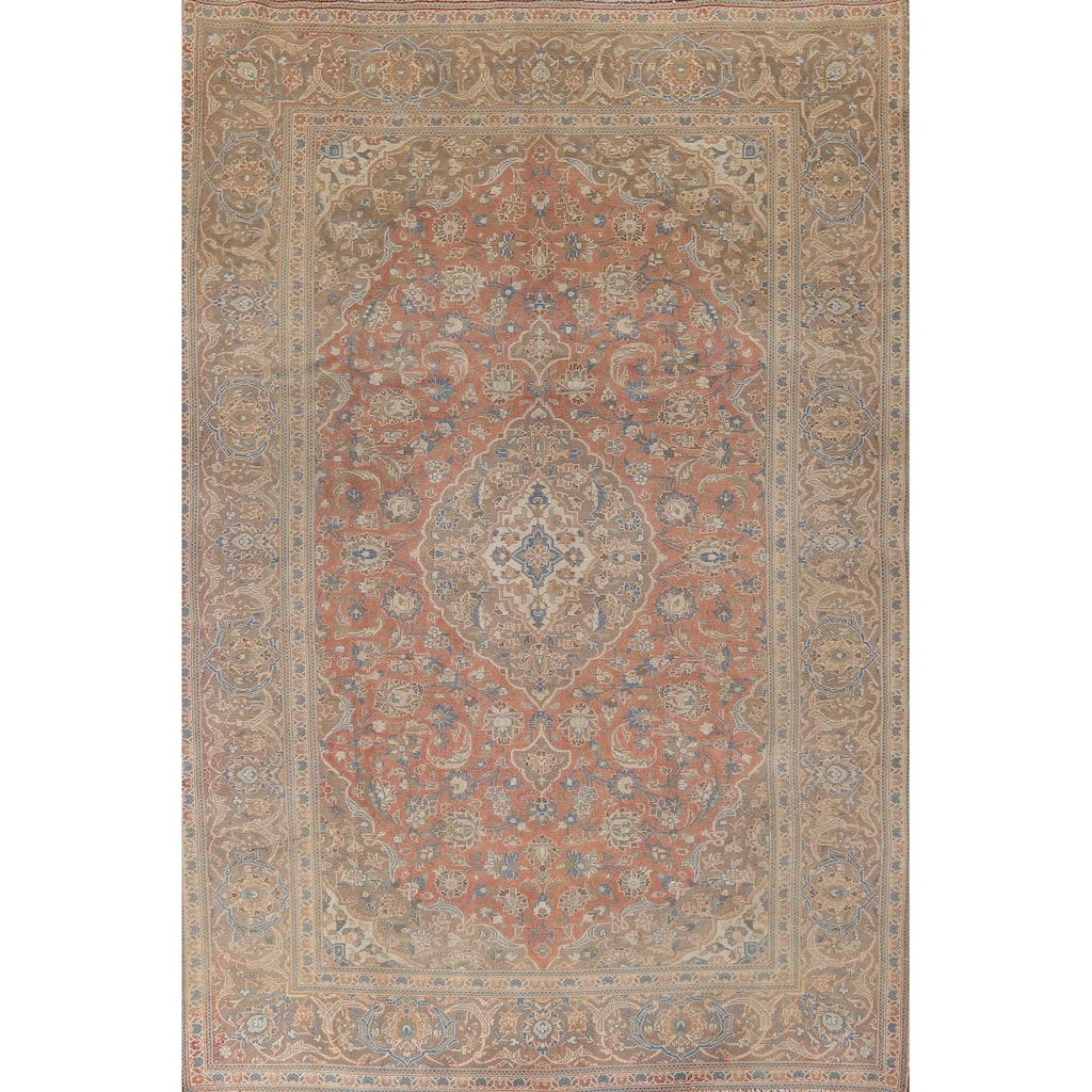 Traditional Mashad Vintage Persian Rug Bedroom Handmade Wool Carpet - 7'10" x 11'0"