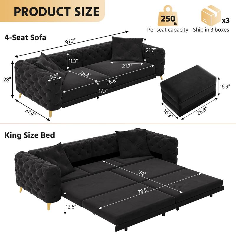 97.7" 3-in-1 Convertible Sleeper Sofa, Pull Out Sofa Bed with Ottoman, 4-Seater for Small Spaces & Apartments