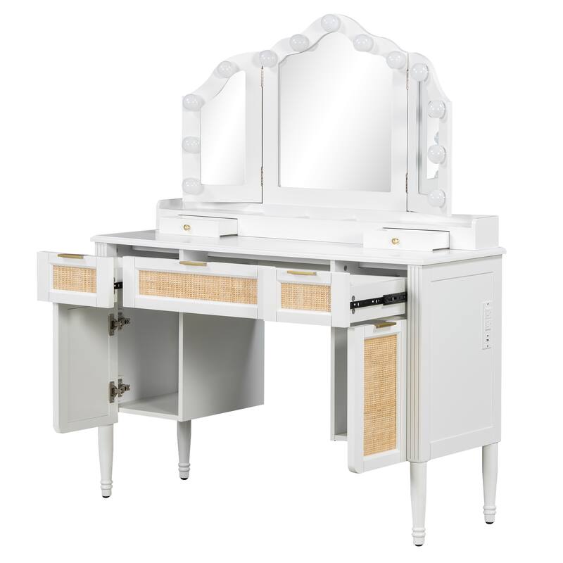 Makeup Vanity Desk with 13 Hollywood Bulbs & 3 Lighting Modes, Dressing Table with Tri-Fold Mirror, 5 Drawers & Shelves