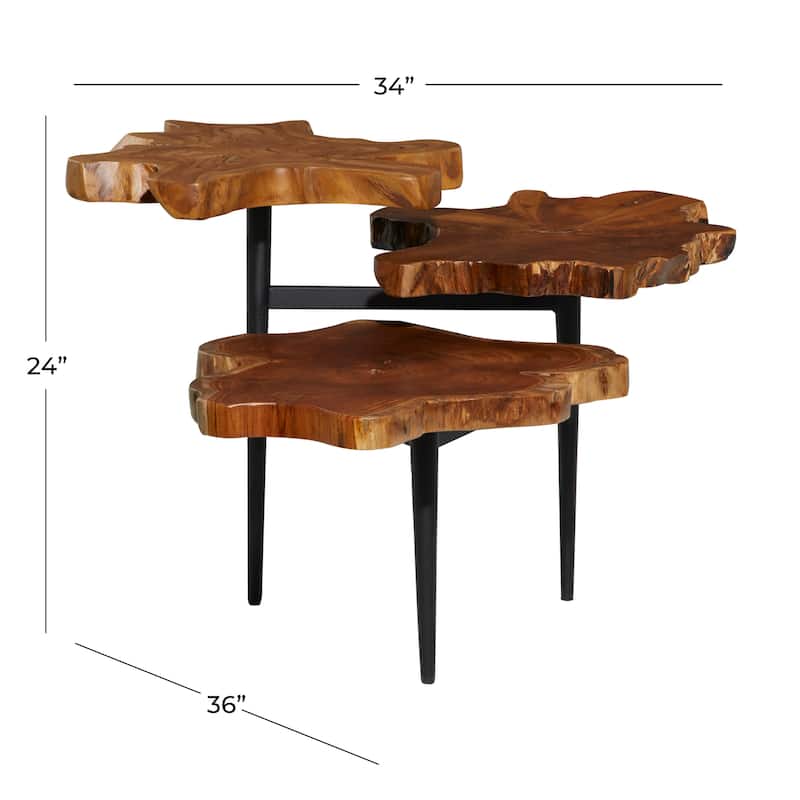 Teak Wood Handmade Live Edge 3 Tier Accent Table with Black Metal Base - Brown - Roche River Decor - 36"W x 34"L x 24"H