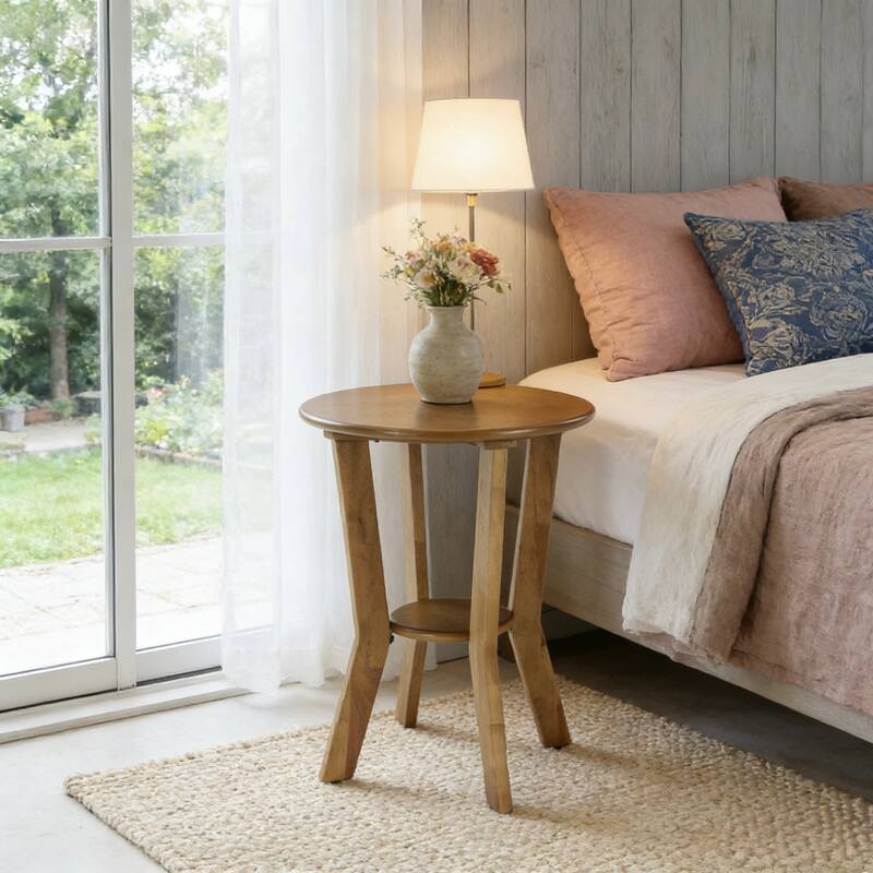 Round Farmhouse End Table with Shelf for Bedroom & Living Room
