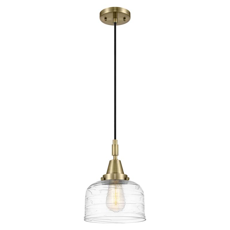 Innovations Lighting Downtown Urban - Caden Bell - 1 Light 8" Cord Hung Mini Pendant - Antique Brass/Clear Deco Swirl Shade