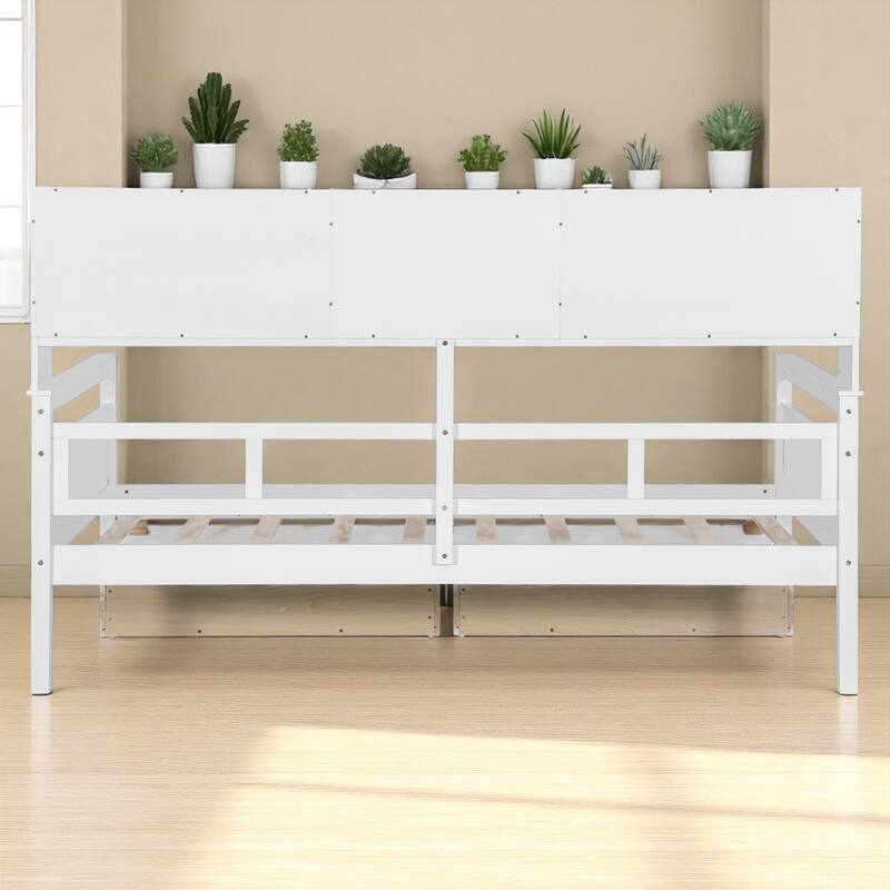 Wooden Twin/Full Daybed with 2 Storage Drawers and Bedside Shelves, No Box Spring Needed, Modern Design