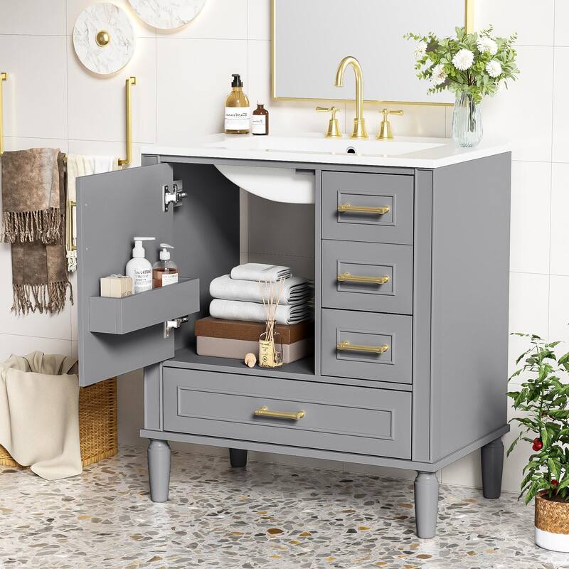 30" Freestanding Single Sink Storage Cabinet Bathroom Vanity with Gold Handles, Groove Decoration and Overflow Drain Protectio