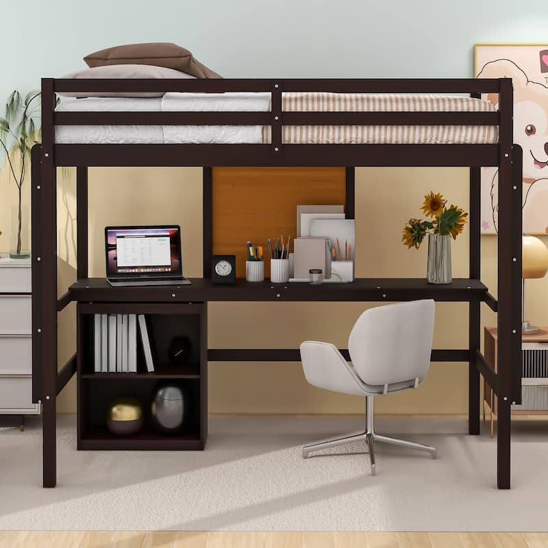 Space-Saving Twin/Full Loft Bed with Desk and 2 Drawers, Playhouse-Inspired Design