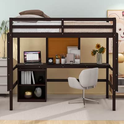 Twin Loft Bed with Desk, Drawers, and Writing Board - Wooden Frame