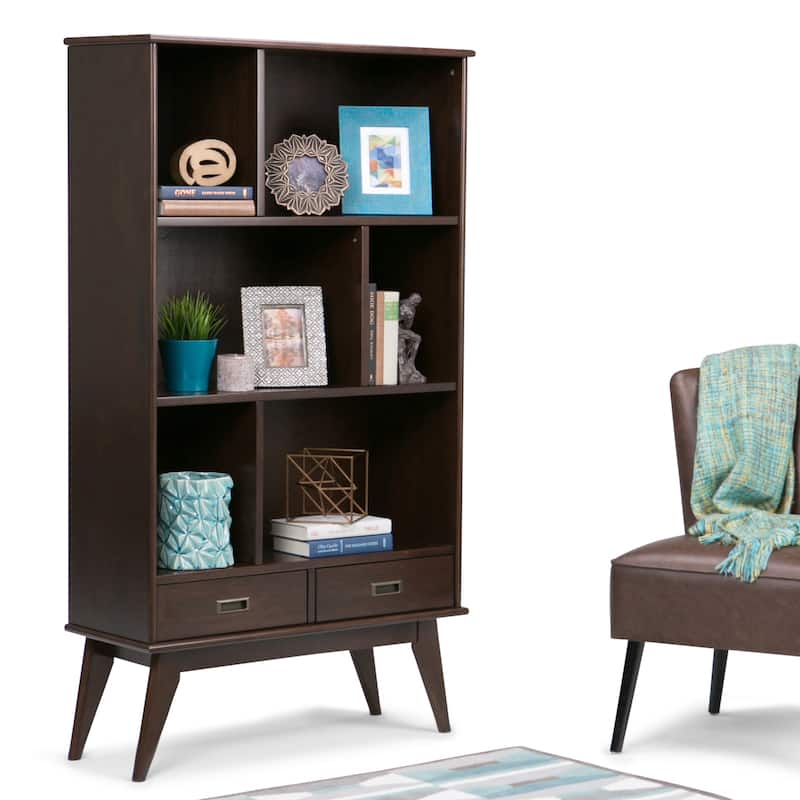 WYNDENHALL Tierney SOLID HARDWOOD 64x35 inch Modern Wide Bookcase and Storage Unit - 35"w x 14"d x 64" h - Medium Auburn Brown