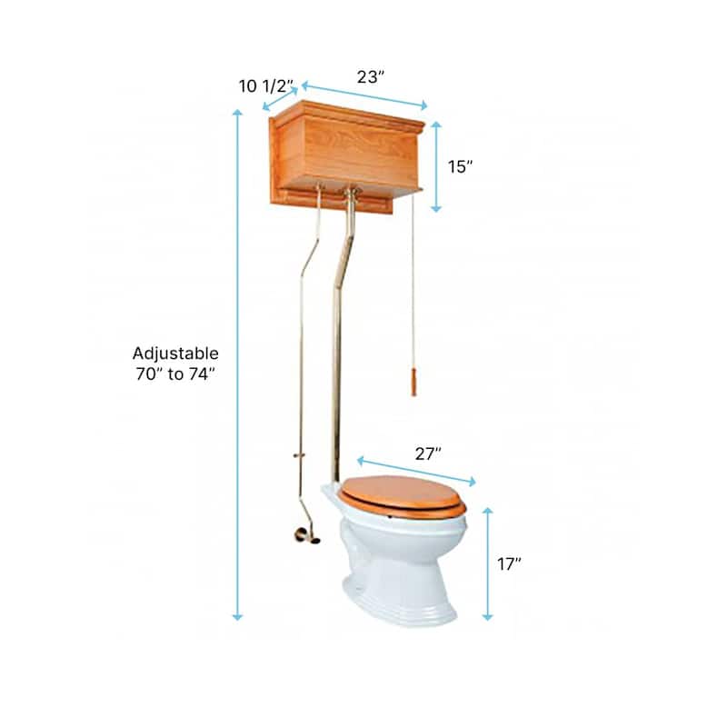 High Tank Toilet - Light Oak Flat Tank, Chrome Plated L Pipe and Elongated White Bowl Renovators Supply