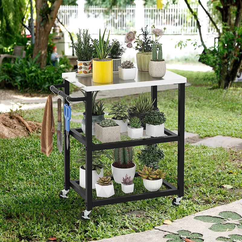 Gymax 3-tier Outdoor Grill Cart on Wheels w/ Stainless Steel Top &