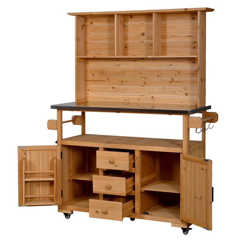 65" Outdoor Potting Bench with Stainless Steel Top, Rolling Garden Workstation with Hutch & Storage - Brown