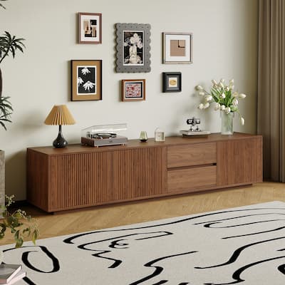 78.74" Mid Century Brown Wood TV Stands, 2 Drawers and Cabinets