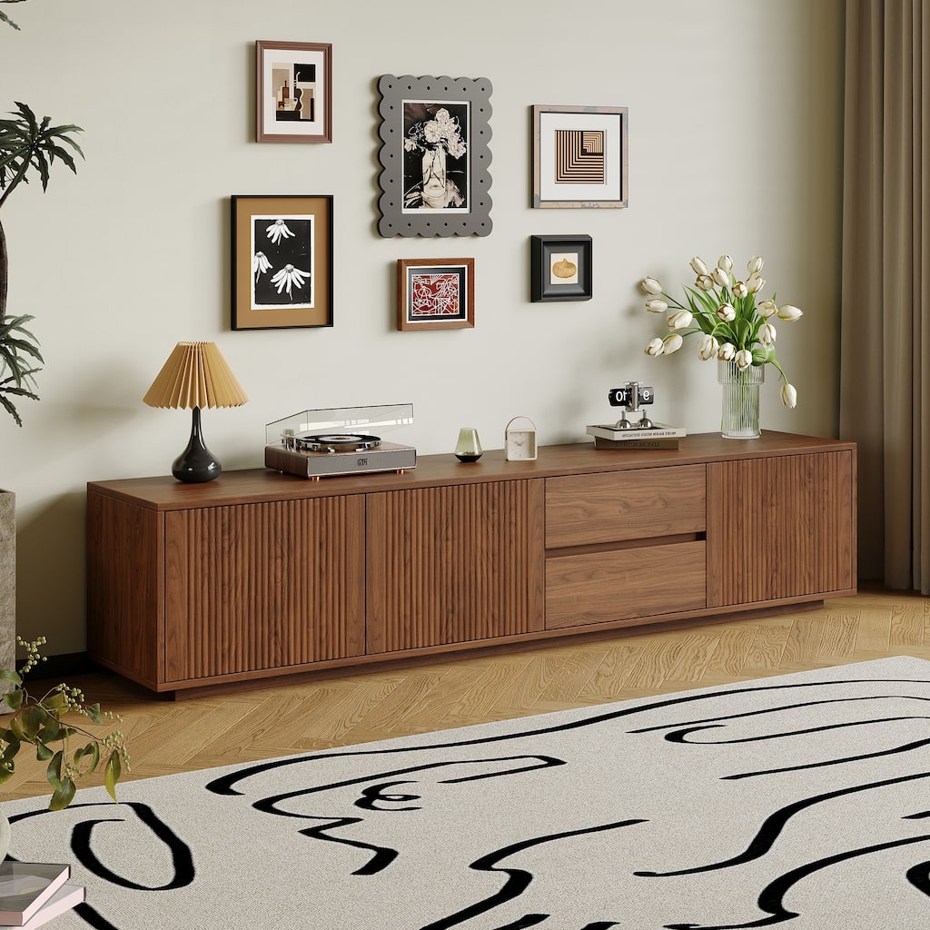 78.74" Mid Century Brown Wood TV Stands, 2 Drawers and Cabinets