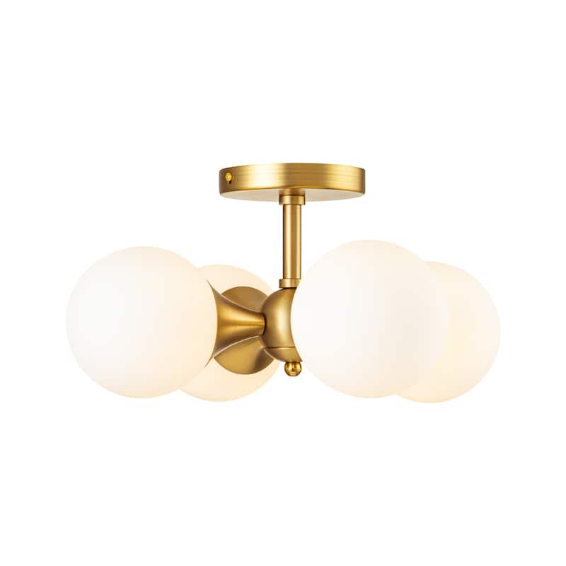 4-Light Modern Gold Sputnik Milky White Frosted Opal Glass Globe Bubble Semi-Flush Mount Light