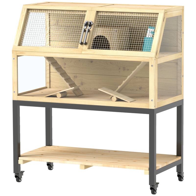 Wooden Hamster Cage with Wheels, Storage Shelf and Accessories - 34.3" W x 16.9" D x 39.8" H