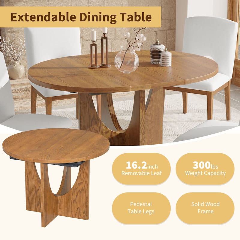 5 Piece Functional Dining Set, Wood Extendable Round Dining Table Set with Removable Leaf and 4 Upholstered Chairs