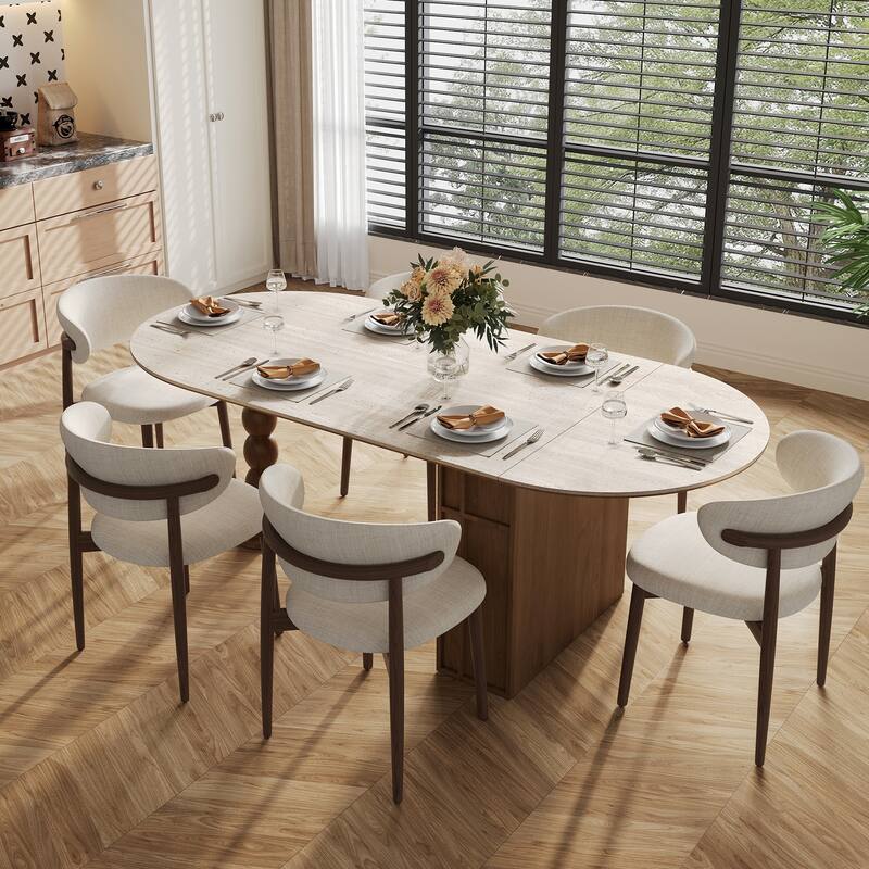 71" Extendable Oval Dining Table For 4-6, Modern Kitchen Table With Travertine Sintered Stone Top & Storages, Beige
