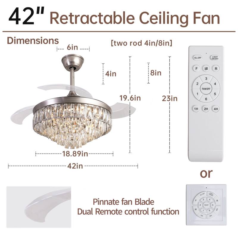 Modern Crystal Ceiling Fan Light with Lighting and 6 Speed Settings, Crystal Shade for Bedroom and Living Room