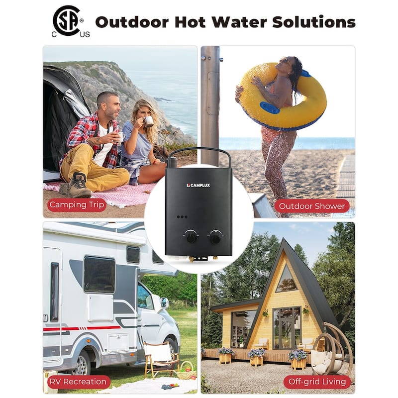 CAMPLUX 1.32 GPM Outdoor Portable Propane Tankless Water Heater, Black