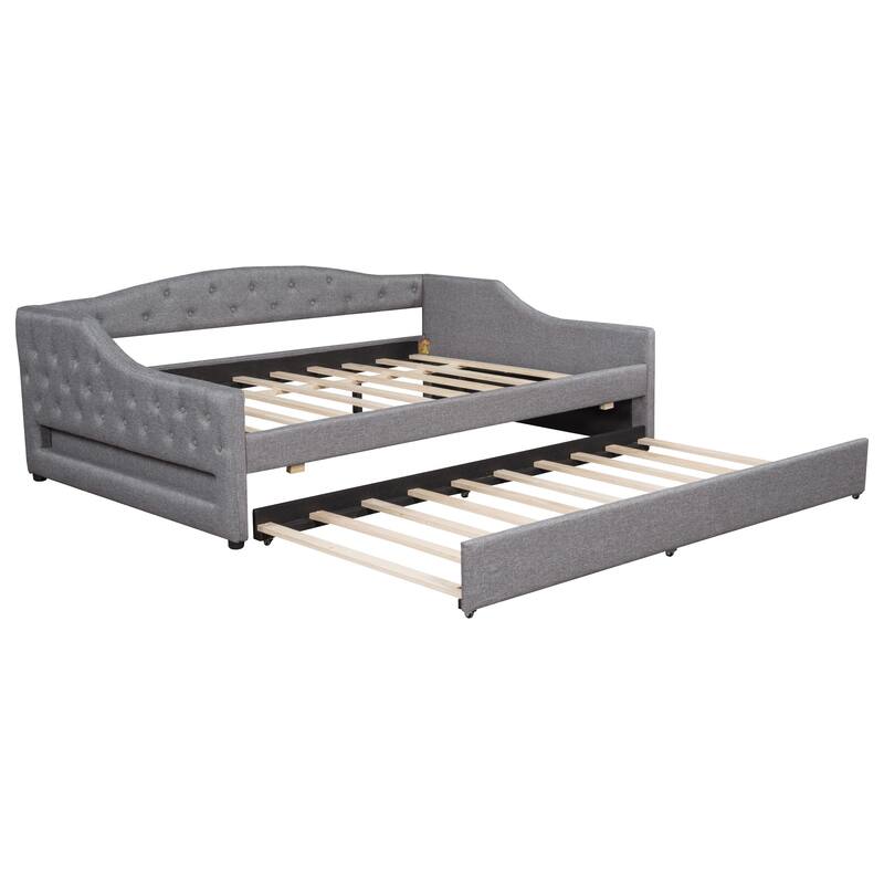 Full XL Size Upholstered Daybed with Linen Cover Backrest & Trundle, Wood Sofa Bed Frame with LED Lighting, No Box Spring Needed