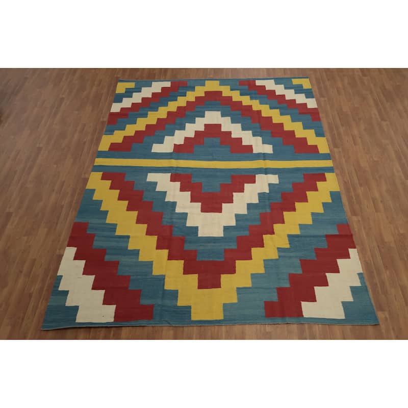 Hand Woven Oriental 100% Wool Carpet Southwestern Modern Navy Blue & Blues Kilim Area Rug - 11' 10'' X 8' 11''