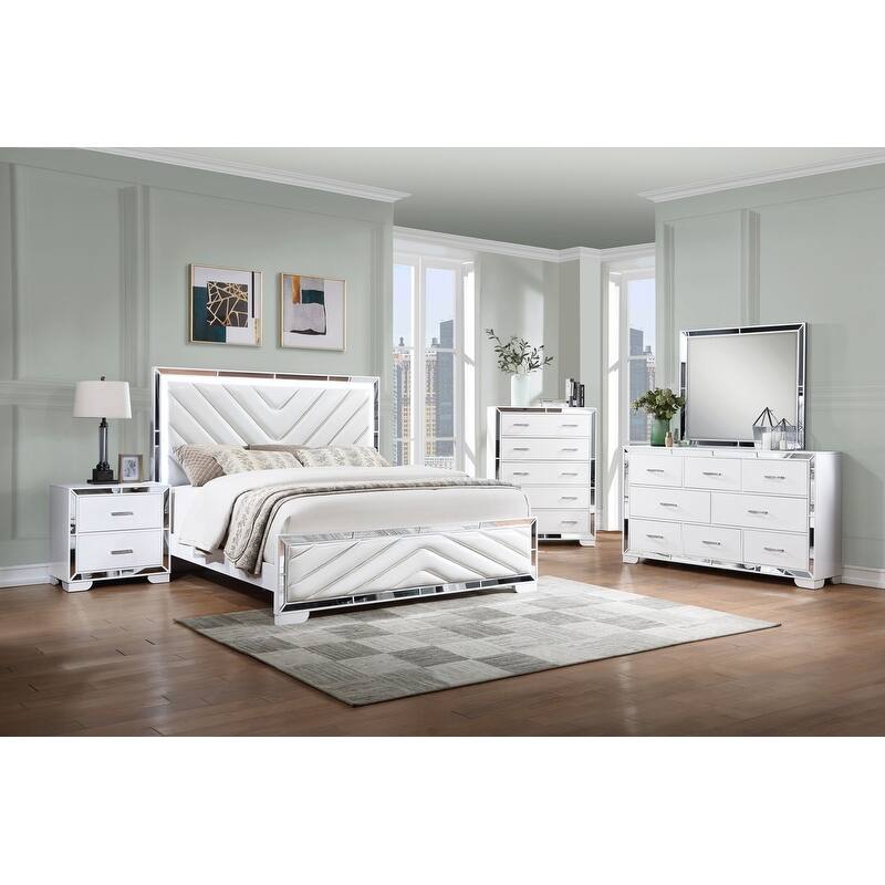 Grace Mirrored Trim Queen Bedroom Set with LED Lights